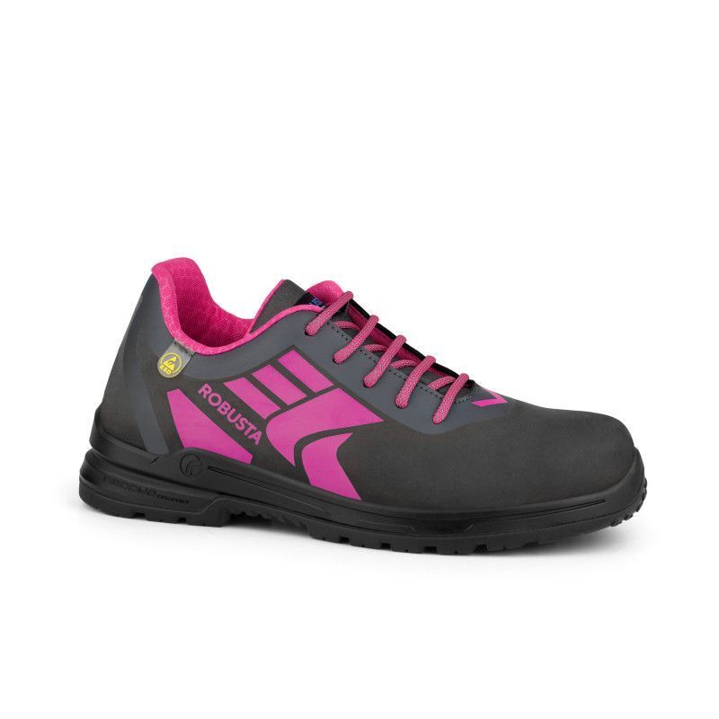 Zapato de seguridad ONE S PINK de Robusta con microfibra hidrófuga, puntera de aluminio y suela deportiva antideslizante.