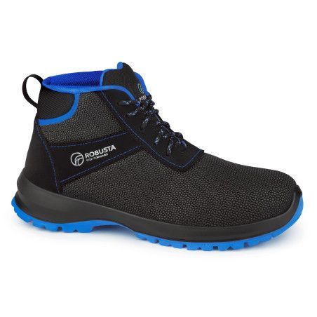 Bota de seguridad DIAMOND BLUE B123 Ref. 92652  con tejido técnico hidrofugado y suela biomecánica azul antideslizante.