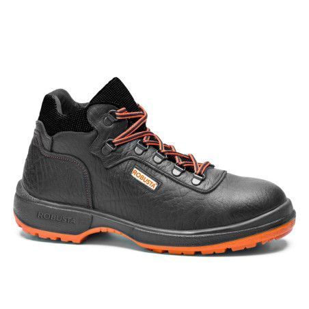 Bota de seguridad Fresno Ref. 92014 de Robusta®, piel flor negra y suela PU/PU naranja antideslizante con pastillas antivuelco.