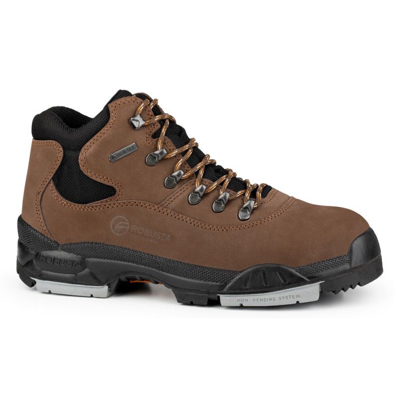 Bota Robusta® Barbo S3 Ref. 90306 de nobuck marrón con Gore‑Tex, suela negra y gris antideslizante, puntera y plantilla acero.
