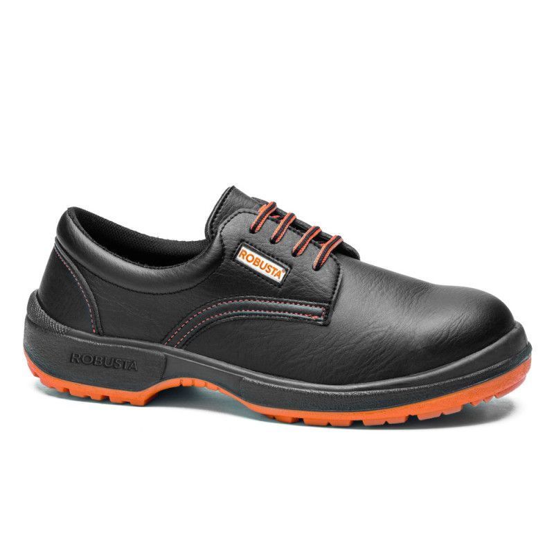 Zapato de seguridad Robusta® CASTAÑO Ref. 92021 en piel flor negra con suela naranja antideslizante