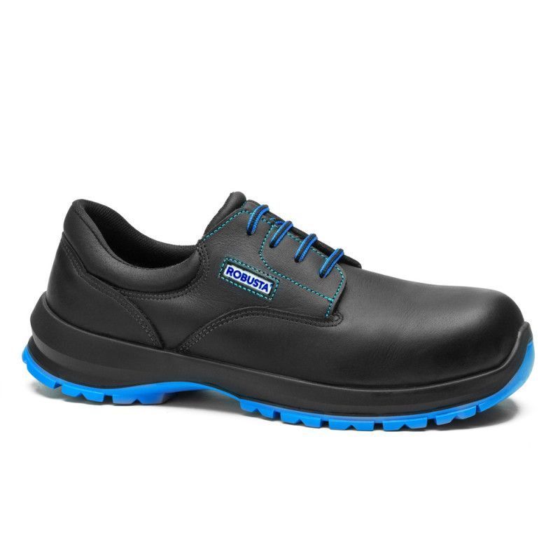 Zapato de seguridad Robusta® Enebro Ref. 92063 en piel flor negra con cordones y suela Biomecánica azul