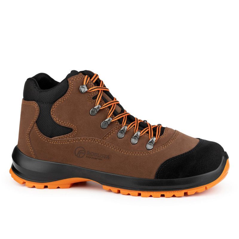 Bota de seguridad Robusta® RICINO Ref. 92094 tipo trekking en serraje marrón con suela naranja antideslizante