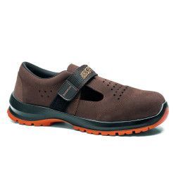 Sandalia de seguridad Robusta® SÁNDALO Ref. 92095 con corte en serraje marrón y suela Biomecánica naranja antideslizante