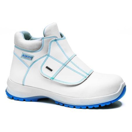 Bota de seguridad Robusta® PERCA Ref. 92143 en piel flor blanca con forro GORE-TEX® y suela de poliuretano azul antideslizante.