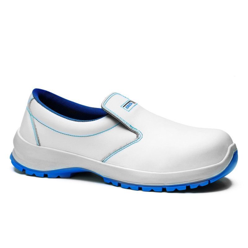 Zapato de seguridad Robusta® NOGAL Ref. 92150 en piel flor blanca con puntera no metálica y suela PU azul antideslizante.