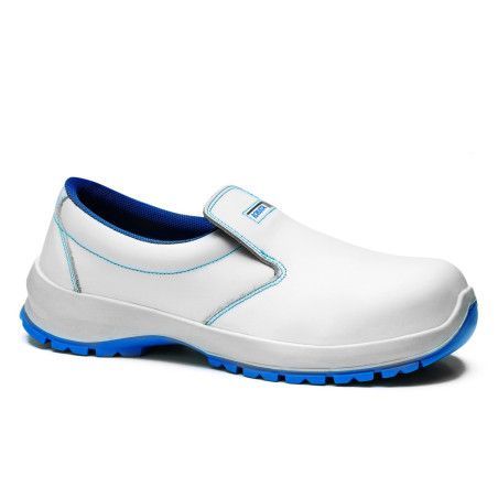 Zapato de seguridad Robusta® NOGAL Ref. 92150 en piel flor blanca con puntera no metálica y suela PU azul antideslizante.