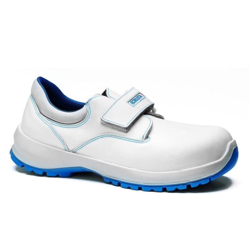 Zapato de seguridad Robusta® CASTAÑO VLCO BLANCO Ref. 92154 en piel blanca con cierre velcro y suela PU antideslizante.