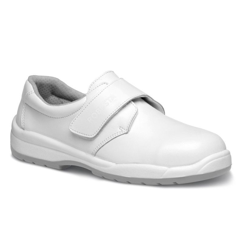 Zapato de seguridad Robusta® MARIA IND BLANCO Ref. 90122 con piel flor vacuna blanca y cierre de velcro anatómico.