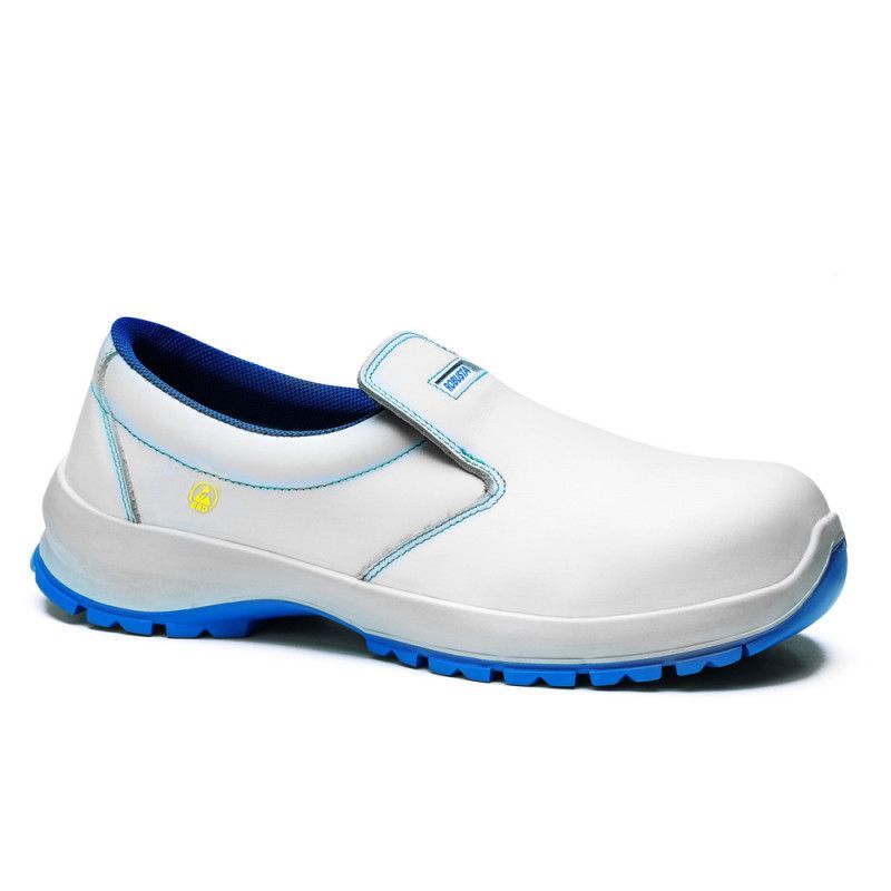 Zapato de seguridad Robusta® Nogal ESD Ref. 92152 con corte en piel flor blanca y suela Biomecánica PU+PU azul
