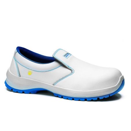 Zapato de seguridad Robusta® Nogal ESD Ref. 92152 con corte en piel flor blanca y suela Biomecánica PU+PU azul