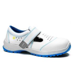 Zapato de seguridad Robusta® Sandra ESD Ref. 92158 con piel flor blanca, diseño perforado y suela Biomecanic azul